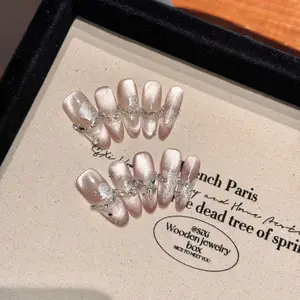 10pcs Handmade Long Oval Nails, Beautiful False Nails, Water Mirror Cat Eye, Gradient Summer New Style, Suitable for Women