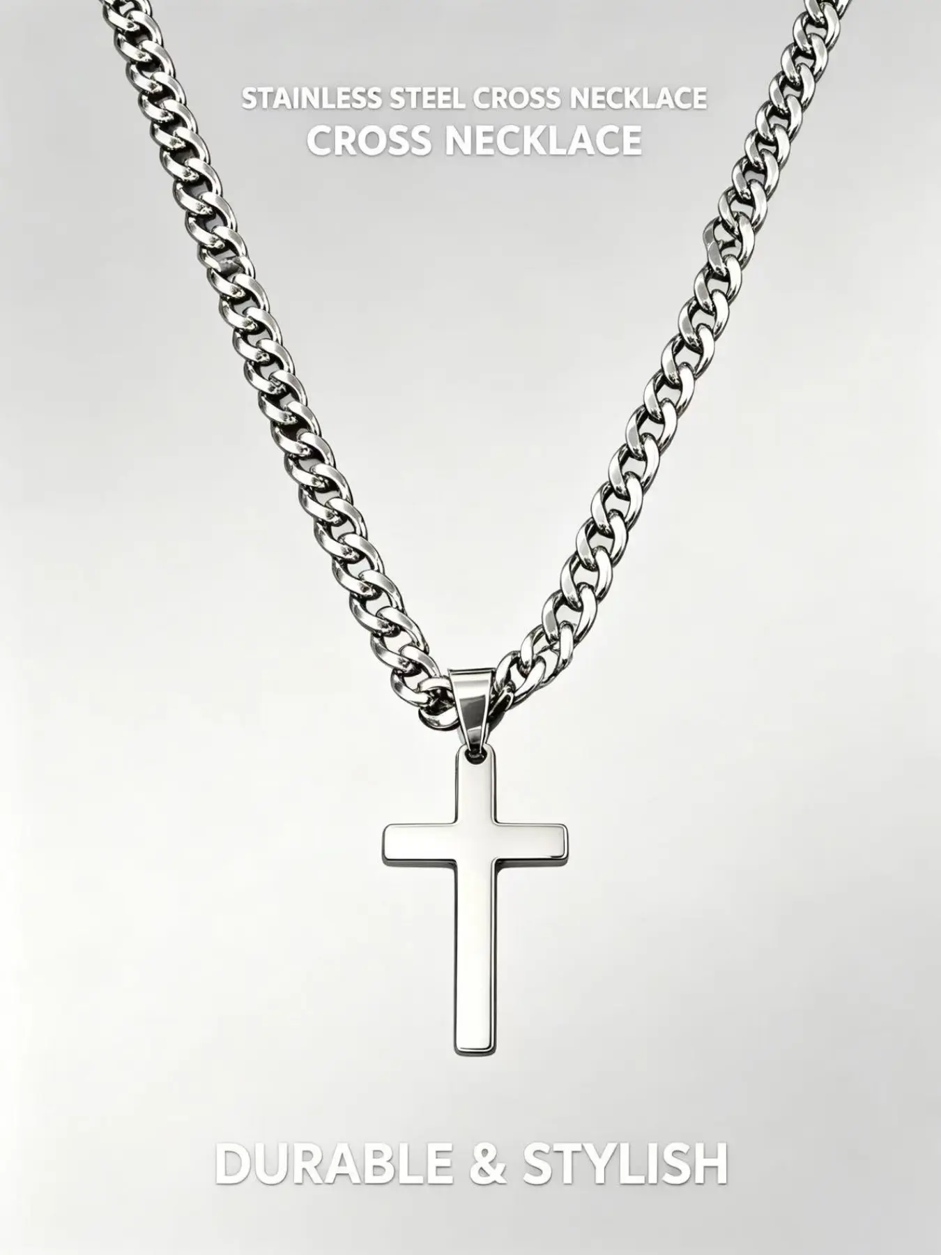 Men's 8mm Stainless Steel Cross Pendant Necklace, 60cm Daily Versatile Chain, Casual & Formal, Durable Gift for Dad, Husband, Boyfriend, Polished Finish