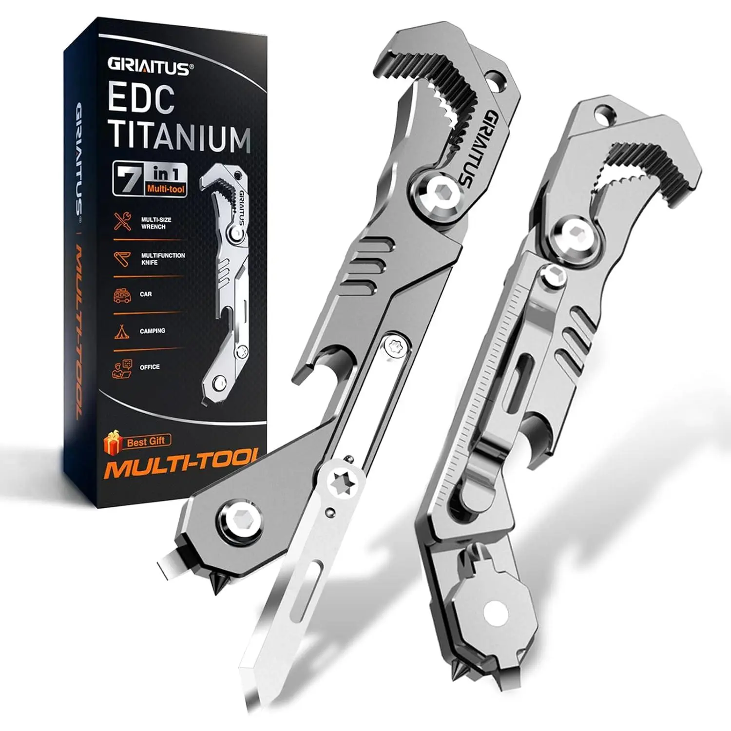 EDC Multitool 7 in 1 with knife, wrench, folding knife,, bottle opener, ruler, car window breaker, and seatbelt, EDC tool for men's gifts (Bright silver)