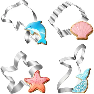 4" Large Under The Sea Creatures Cute Cookie Cutters For Holiday Themed Parties, With Mermaid Tail, Starfish, Seashell, Dolphin Shapes, 4Pcs