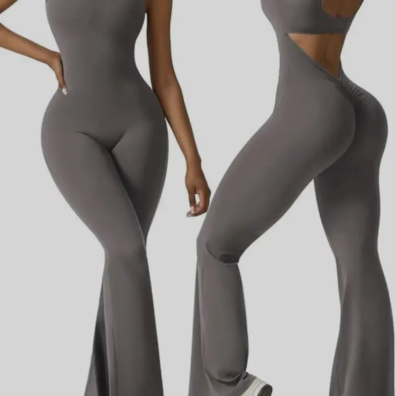 Premium Fashion Flare Jumpsuit - Nylon/Spandex Material, Womenswear, Overalls, Stylish Design, Comfortable Fit. Available in Grey or Black, Size Small-Large.