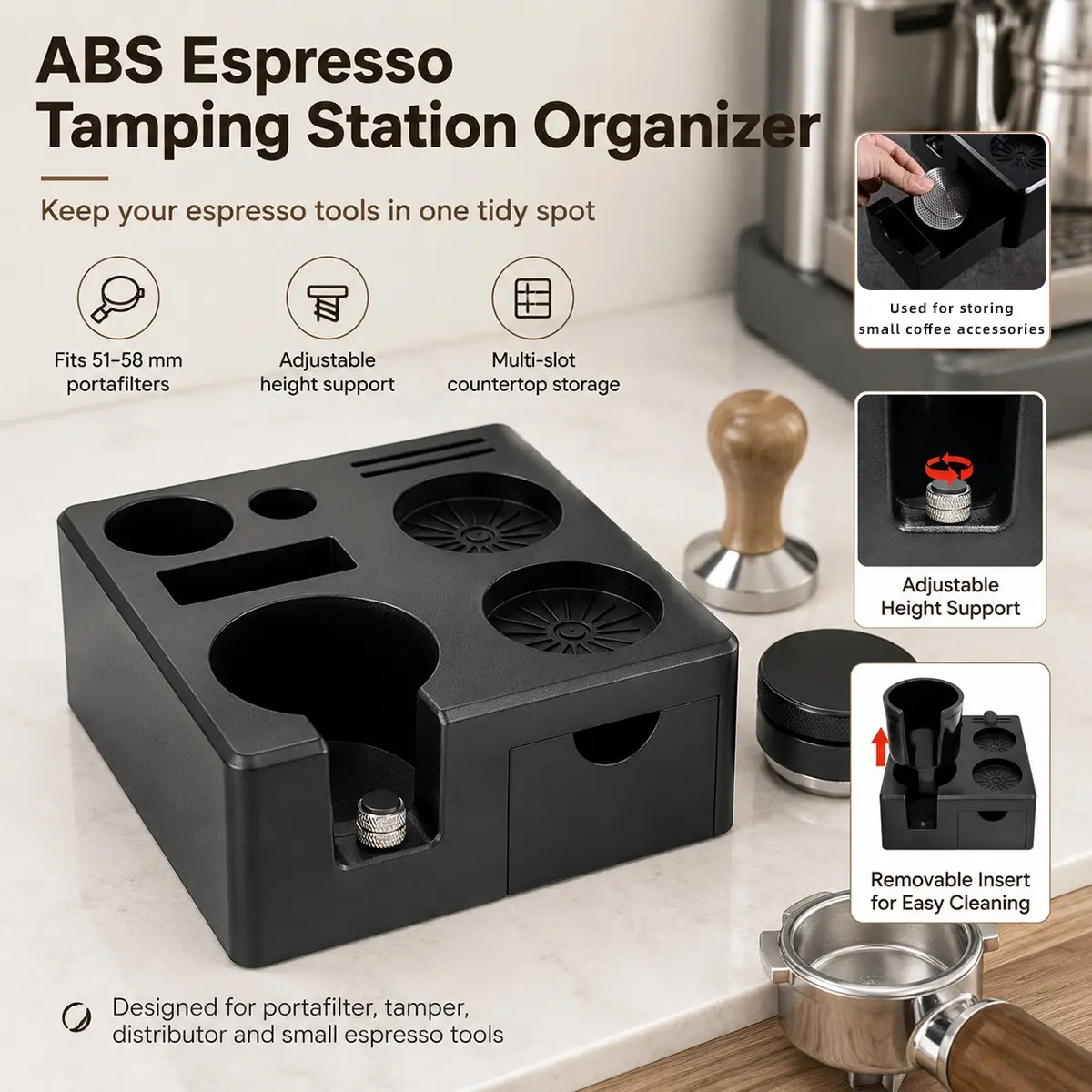 1pcs Espresso Tamping Station,Multifunctional Tamping Station,Drawer-style espresso tamper holder,Non-Slip Tamper Station,Espresso Station fit for Storage 51-58mm Tamper Distributor Portafilter, ABS Tamper Holder,Coffee Portafilter Holder