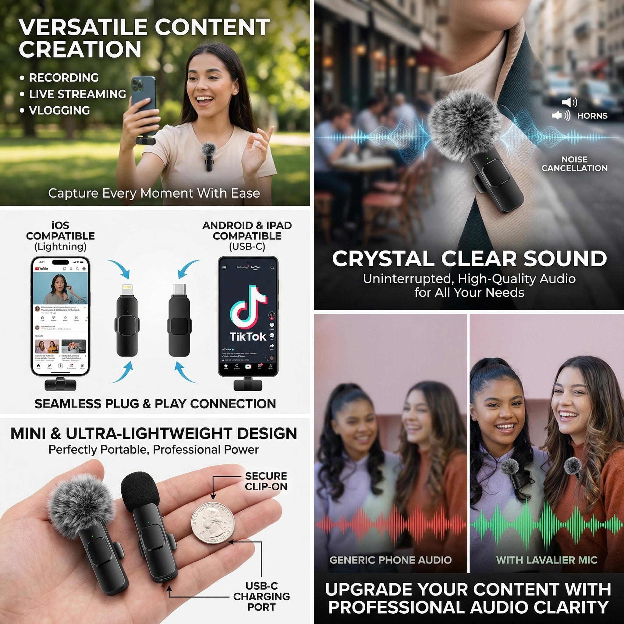 2-Pack Wireless Clip-On Mic for iPhone & Android | Creator Essential for Vlogs & Streams