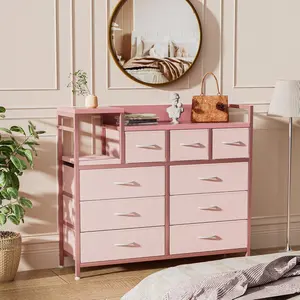 Dresser Tv Stand With Charging Station And Open Shelves 9 Drawer Fabric Storage Chest Wood Top Steel Frame Anti Tip Safety Spacious Organization For Living Room Entryway Bedroom 39 Inch Wide Pink