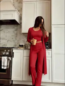 HOTLI Ultra-Soft 3-Piece Lounge Set Wine Red 100% Polyester Long Cardigan Tank Top & Wide-Leg Pants Comfortable Stylish Home Wear
