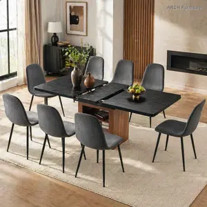 ARCH Expandable Dining table and chair set, 59-71 inch pull-out table,Paired With 8 Dark Gray Linen-Cotton Material chairs, modern light luxury restaurant furniture.Suitable for restaurants, kitchens, etc.