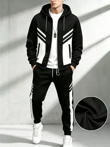Men’s everyday versatile two-piece athletic set: zip-up hooded sweatshirt with 3D digital print patchwork and casual striped jogging pants for daily wear.