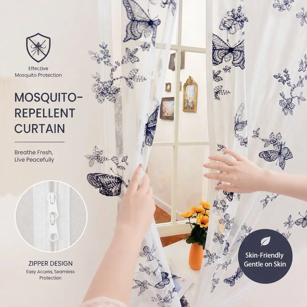 Embroidered Butterfly Mosquito Net Curtain, Adhesive No-Drill Window Screen, Universal Pest Protection for Bedroom, Living Room, Kitchen, Balcony, Mosquito Netting Curtains