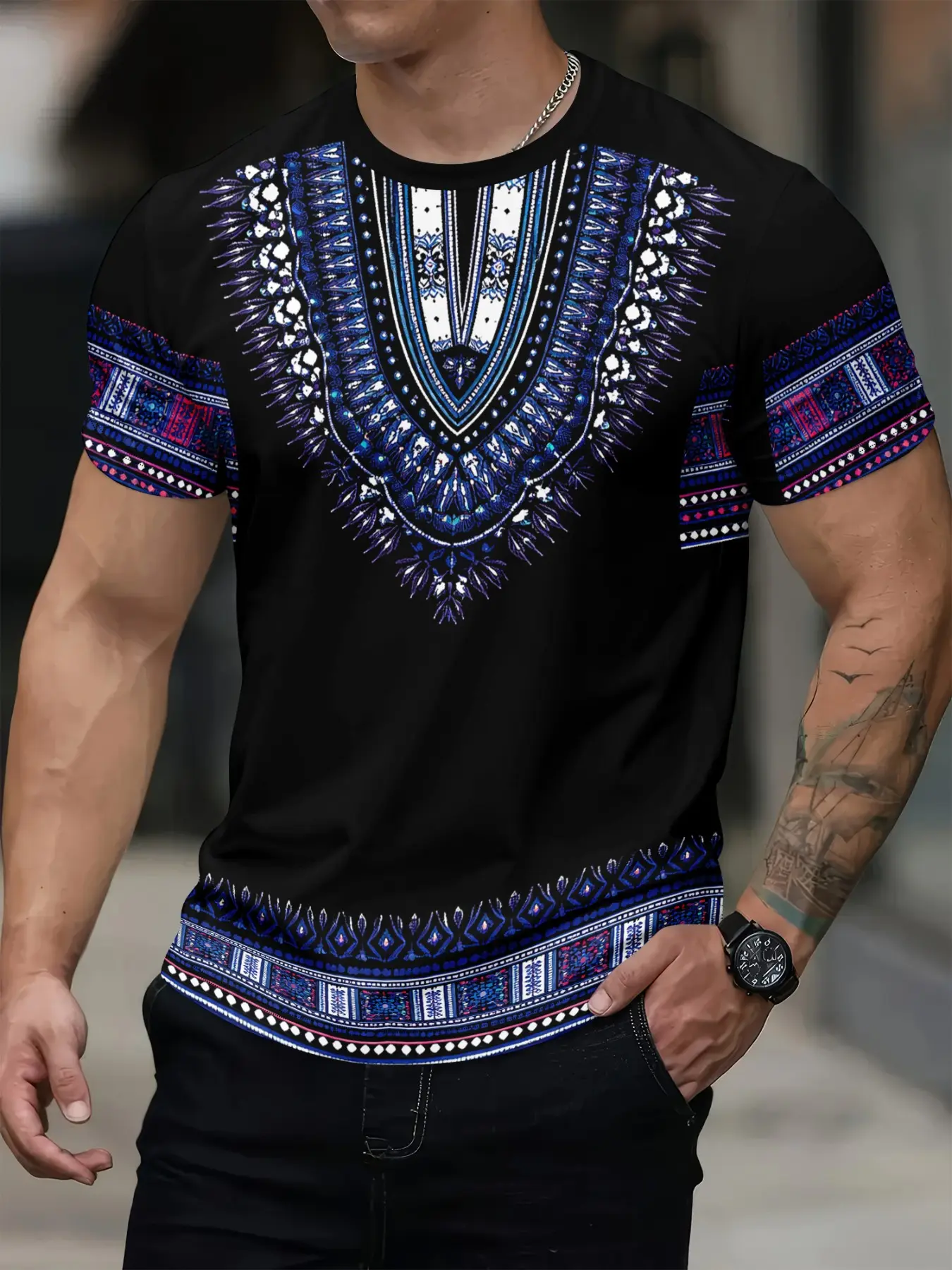 Ethnic Pattern Decorative T-Shirt, Round Neck, Bohemian Culture Casual Top, Fitted Long Sleeve, Printed Design, Women's Fashion Clothing, Casual Summer Clothing