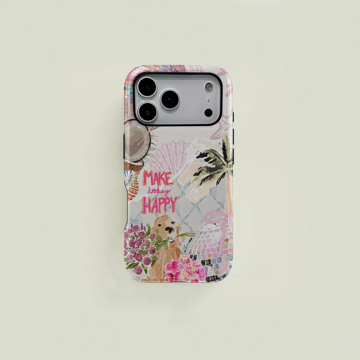 This pink, sweet, girl-style, cute puppy disco ball seashell patchwork protective case is a durable 2-in-1 case suitable for iPhone 17/16/15/14/13/12/11 Pro Max/Plus/Pro and Samsung Galaxy S26/S25/S24/S23 Ultra series.