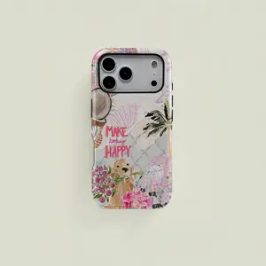 This pink, sweet, girl-style, cute puppy disco ball seashell patchwork protective case is a durable 2-in-1 case suitable for iPhone 17/16/15/14/13/12/11 Pro Max/Plus/Pro and Samsung Galaxy S26/S25/S24/S23 Ultra series.