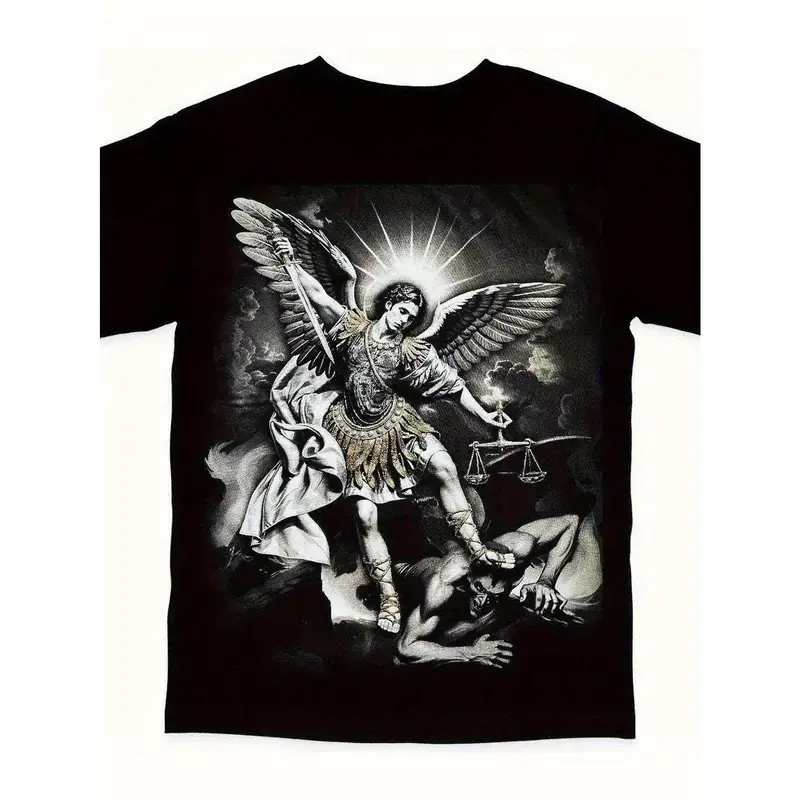 Women's 100% Cotton Archangel Michael Graphic Print Short Sleeve Crew Neck T-Shirt - Multi-Size Unisex Loose-Fit Streetwear, Breathable Short Sleeve Tops, Machine Washable