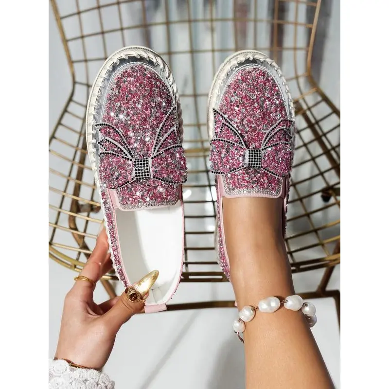 Women's Rubber Leather Glitter Loafers - Rhinestone Bow Decor, Comfortable Slip-On, All-Seasons Casual Daily Wear Shoes for Women