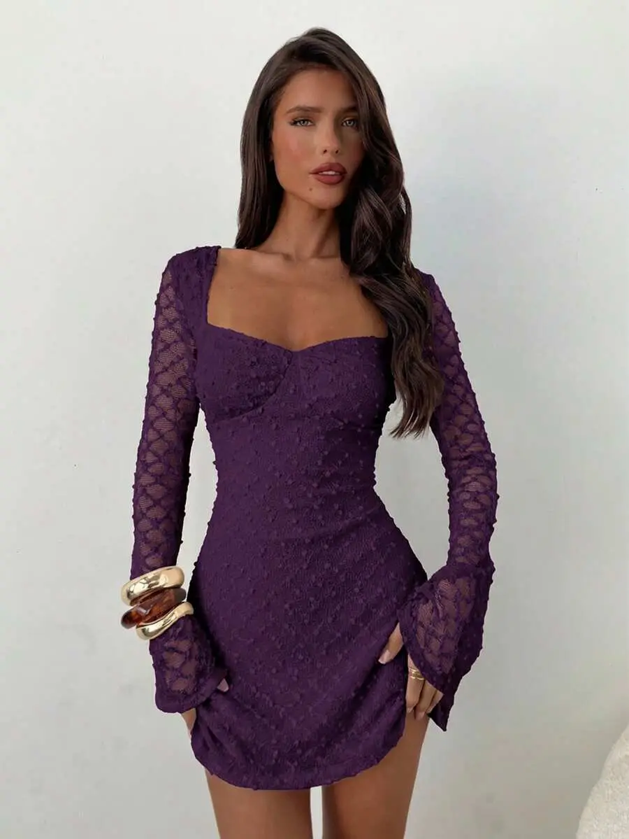 IYUNA Women's Elegant Square Neck Ruched Flare Sleeve Fitted A-Line Mini Dress Purple Cocktail Dress Women