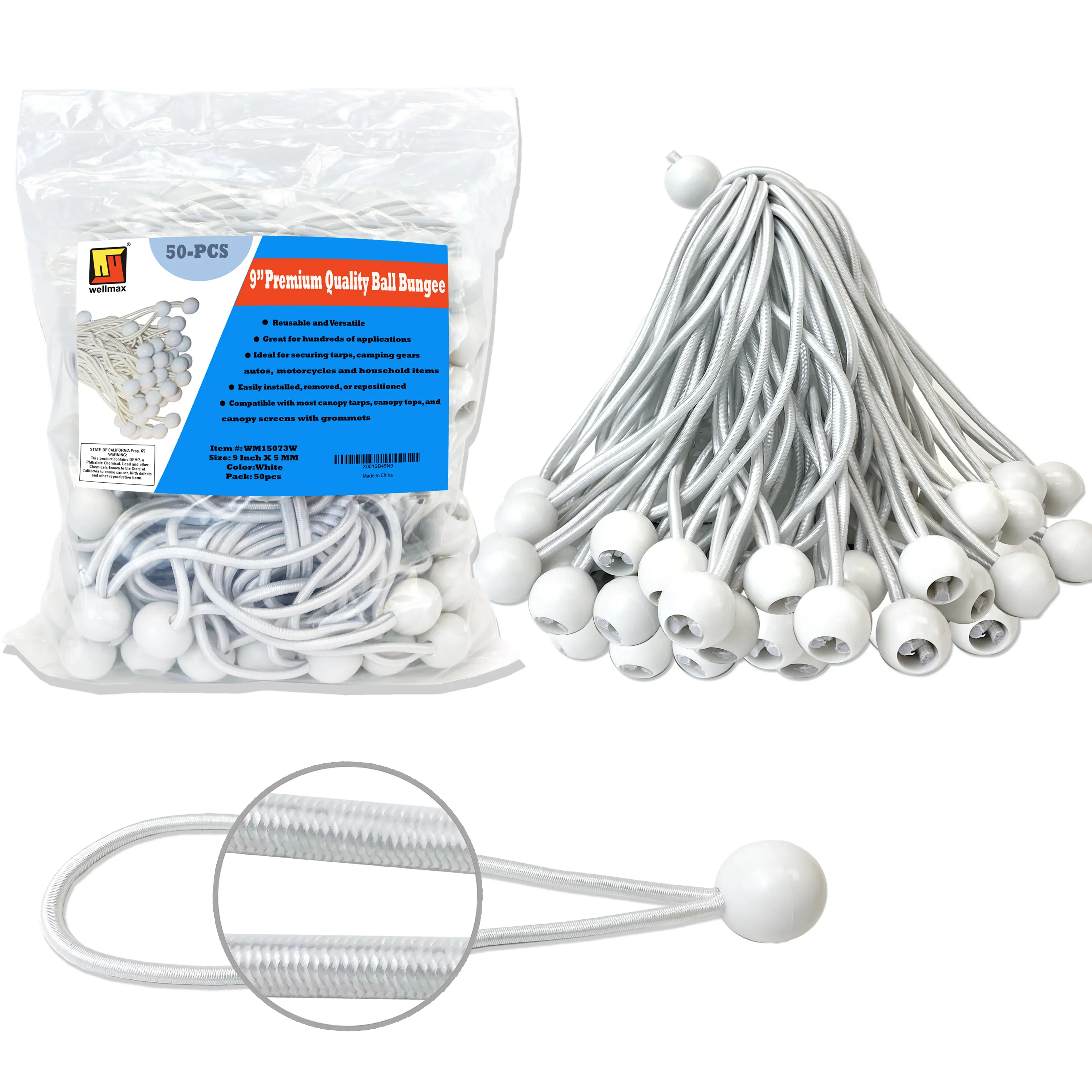 WELLMAX 50-Piece Heavy Duty Ball Bungee Elastic Cord Set - 9-in 5mm White Durable Tie Downs for Canopy Securing