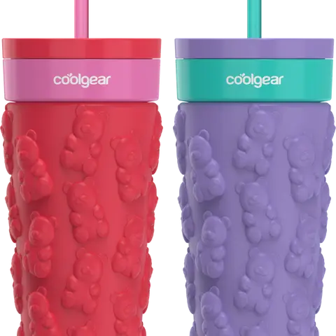 COOL GEAR 2-Pack 20oz GO GRIP Hold Insulated Travel Coffee Thermal Cups (500-1000 ml Total), Gummy Bears Pattern, BPA Free Leak-Proof Lid, Reusable for Iced Drink Lovers