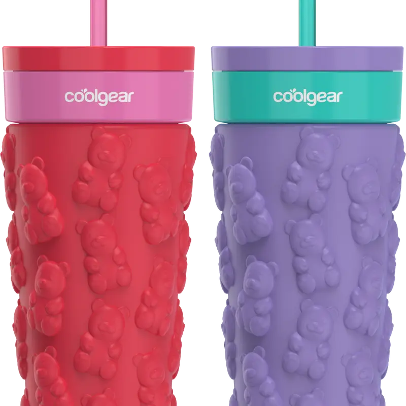 COOL GEAR 2-Pack 20oz GO GRIP Hold Insulated Travel Coffee Thermal Cups (500-1000 ml Total), Gummy Bears Pattern, BPA Free Leak-Proof Lid, Reusable for Iced Drink Lovers