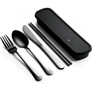 Travel Utensils with Case, 5 Piece Stainless Steel Silverware Set for Work, Portable Reusable Travel Cutlery Set, Fork and Spoon Set for Picnic, Camping, Gadgets, Lunch Box for Men, Black