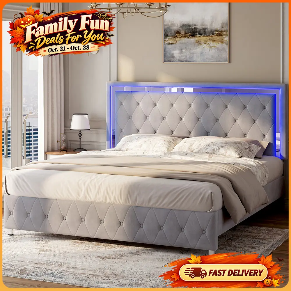 ALBOTT Modern LED Bed Frame with Adjustable Headboard, Velvet Button Tufted/Acrylic Mirror Accents/Smart App & Remote Control/No Box Spring Needed/Luxury Design/Christmas Gifts/Best Gift Ideas/Cozy Home