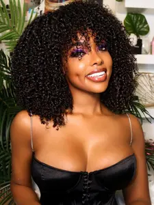 Afro Curly Wig with Bangs 14 Inch Synthetic Afro Wigs for Black Women Heat Resistant Black Short Kinky Curly Wigs for Daily Party, Coily Textured Wigs