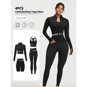 A Four-Piece Women'S Yoga Outfit Set Featuring a Zip-Up Jacket, Fitness Yoga Leggings, a Sports Bra, And European Sizes, Suitable for Running, Workouts, And Yoga