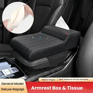 2 in 1 Car Center Console Cover, Thicken Memory Cotton Car Armrest Cushion with Tissue Holder, Waterproof Elbow Rest Box Cover Leather, Auto Center Console Organizer Protector Accessories Universal  for Most Vehicles