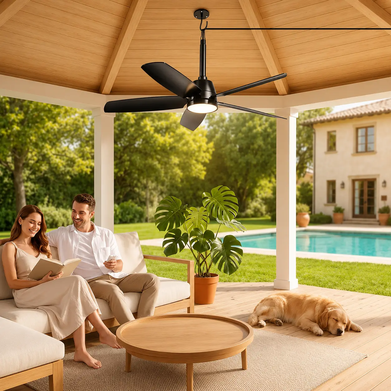 nwop 36 Inch Outdoor Ceiling Fan with Light, Plug-in Ceiling Fan for Patio Gazebo Porch, Remote Control, Dimmable LED, 6 Speeds, Reversible DC Motor, IP65 Waterproof Black summer Fan