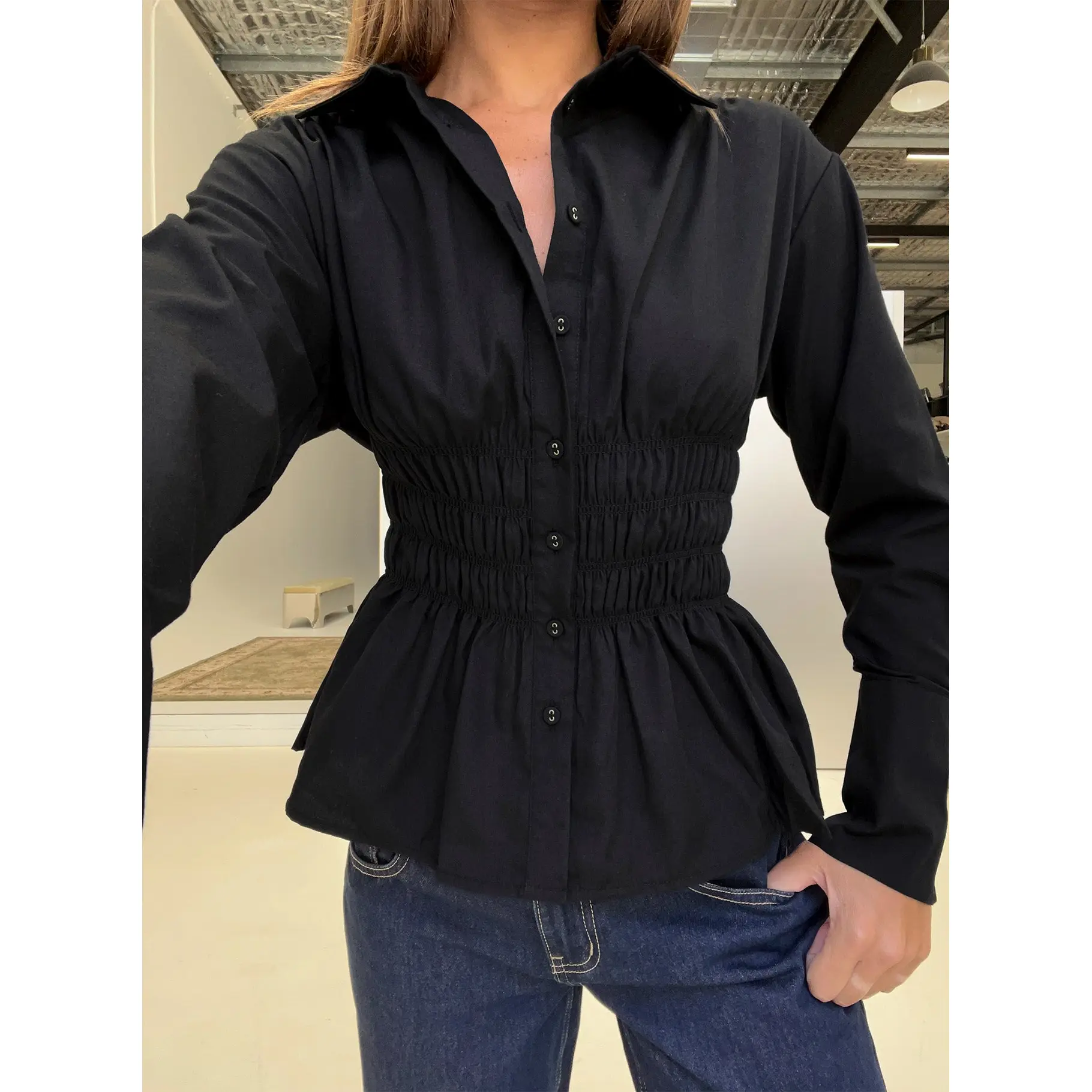 As You Are Shirred Button Up Top Black