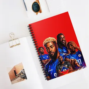 Haiti Soccer Players Themed Flat Lay Ruled Spiral Notebook - 118-Page Compact Office Stationery Journal, 118 Pages