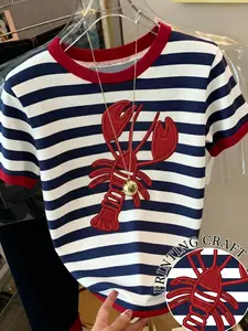 Casual Colorblock Lobster Print Striped T-Shirt, Slim Fit, Versatile for Daily Commute and Light Social Events