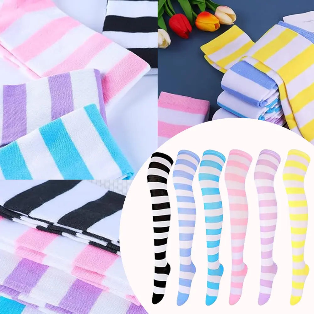 Women's Cotton Over-the-Knee Socks - 6 Pairs, Triple Striped, Opaque, Smooth, Soft, Comfortable, Acrylic, Matching Long Stockings, Assorted Color Knee-High Socks, One Size Fits