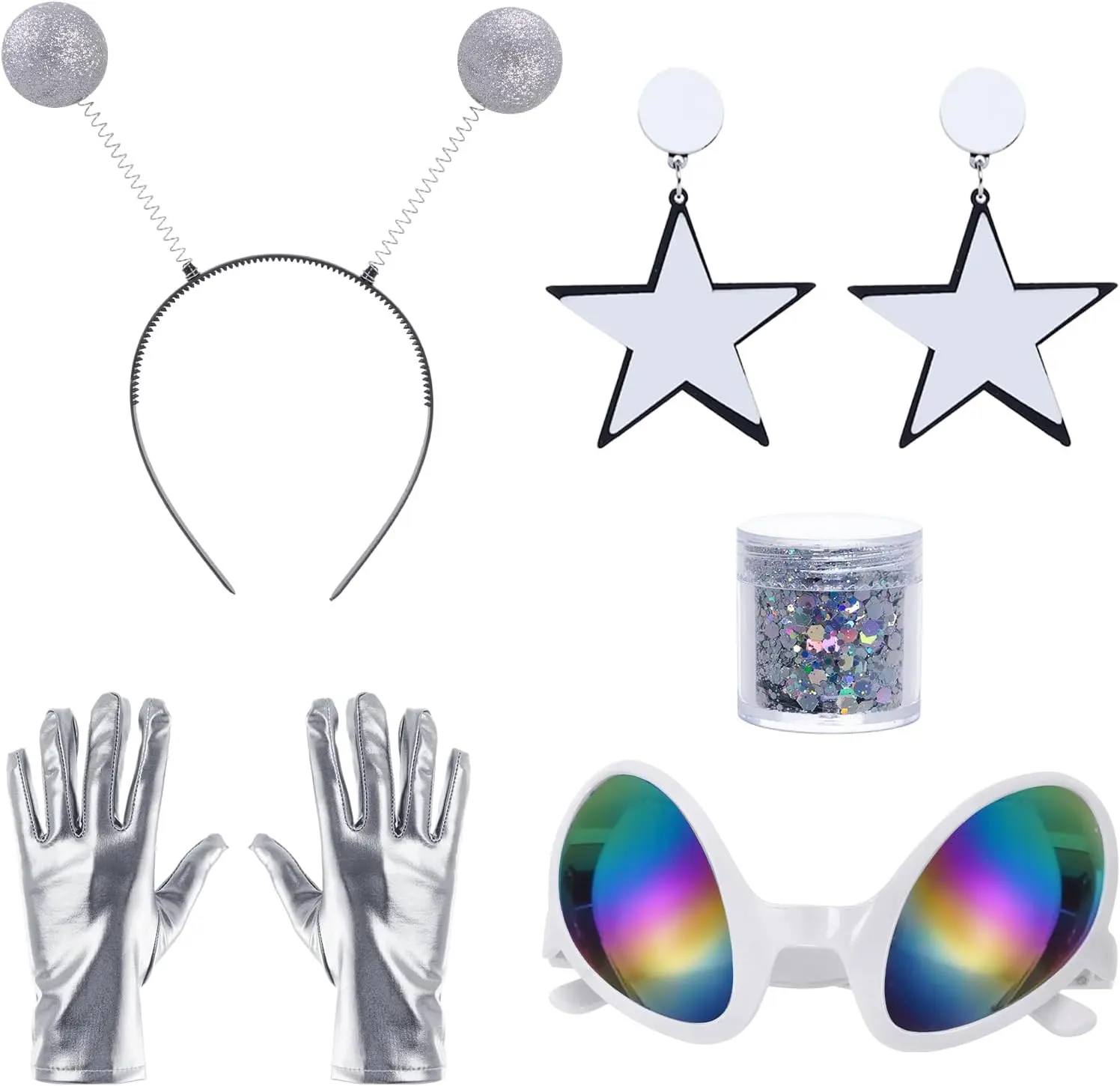 5 Pcs Alien Costume with Antenna Headband Glasses Silver Gloves Earring Face Glitter for Space Halloween CostumeGift.