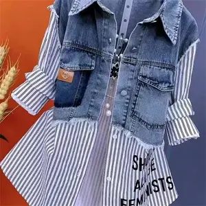 Women Denim Jacket Denim Shirts 2026 New Spring Summer Autumn Casual Fashion Joker Stitching Striped Tops Coat Female