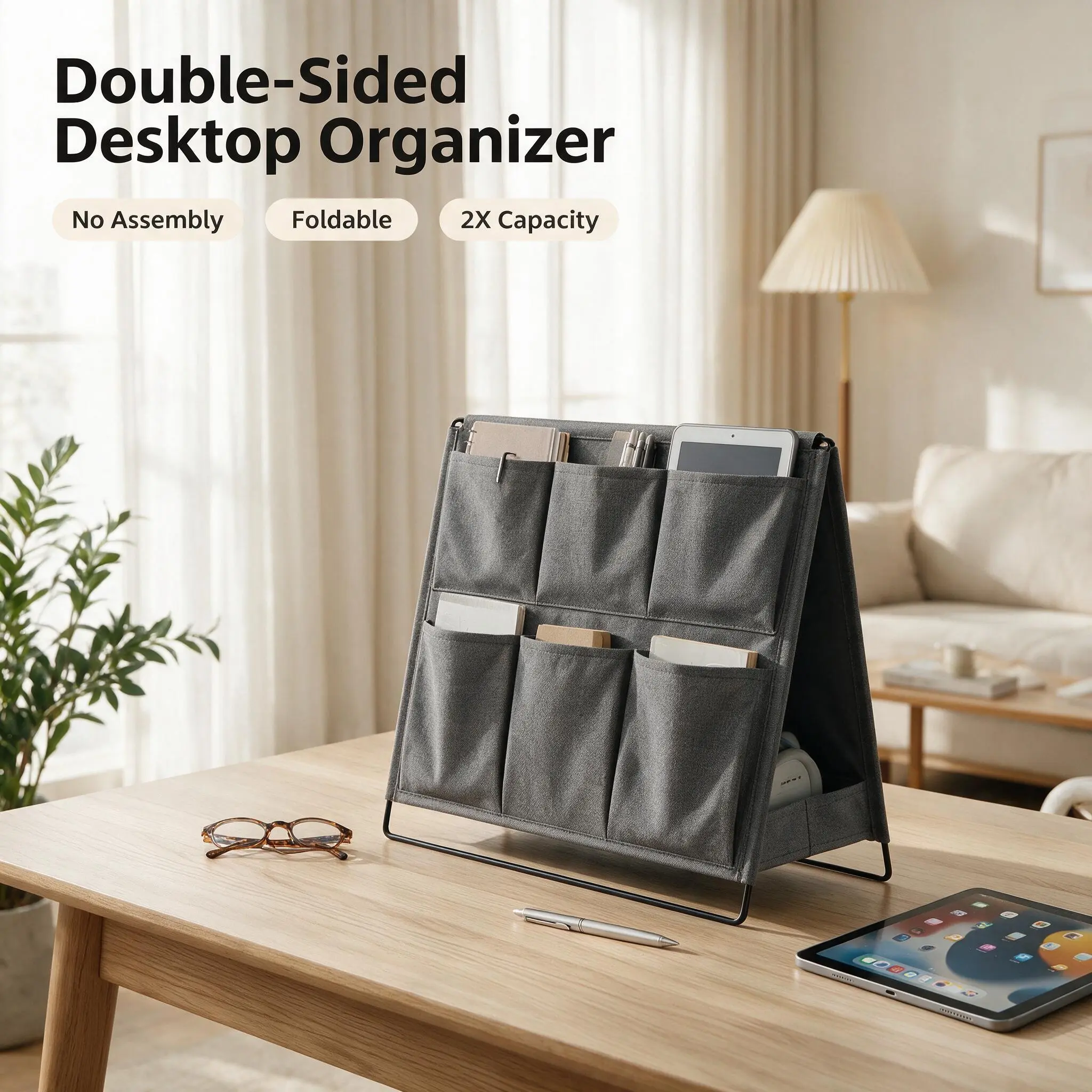 Double Sided Desktop Organizer Foldable Desk Storage Caddy with Multi Pockets, No Assembly A-Frame Office Supplies Organizer for Pens Notebooks Magazines Remote Phone, Collapsible for Home Office Desk Couch Bedside Dorm
