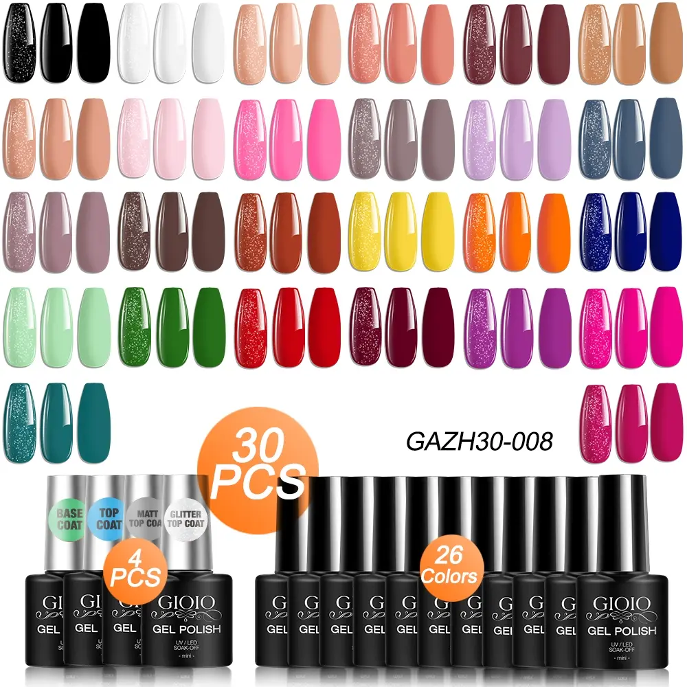 GIOIO 30 PCS Gel Nail Polish Set with 26 Colors Gel polish Set And 4 PCS Of Base Coat No Wipe Matte Glossy Glitter Top Coat Nail Polish Set White Blue Red Pink All Season Nail Collection UV Gel Set Gel Nail Art Gifts for Women