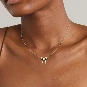 Tewiky Gold Necklace for Women - Dainty Bow Pendant Choker Chain 16+2 Inch Adjustable Length Trendy Jewelry Gift for Special Occasions