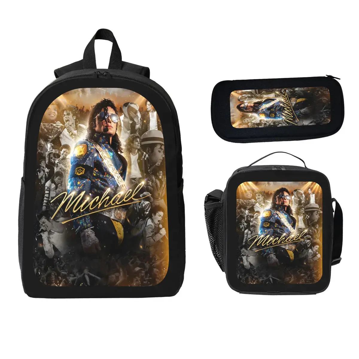 Michael Jackson Backpack Set 3Pcs Kids School Bag Lunch Bag Pencil Case Pop Music Theme Bookbag Lightweight Travel Backpack Back To School Gift For Boys Girls Students, Perfect Birthday Christmas Holiday Surprise Gift for Pop Music Fans Kids Teens