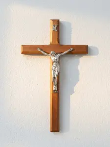 Large Natural Wood Wall Crucifix 10" - Catholic INRI Cross Religious Decor