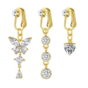 OIDEA Faux Belly Button Rings 3PCS 316L Surgical Steel Cubic Zirconia Rhinestone Diamond Butterfly Heart Round Non-Piercing Clip On Navel Body Jewelry