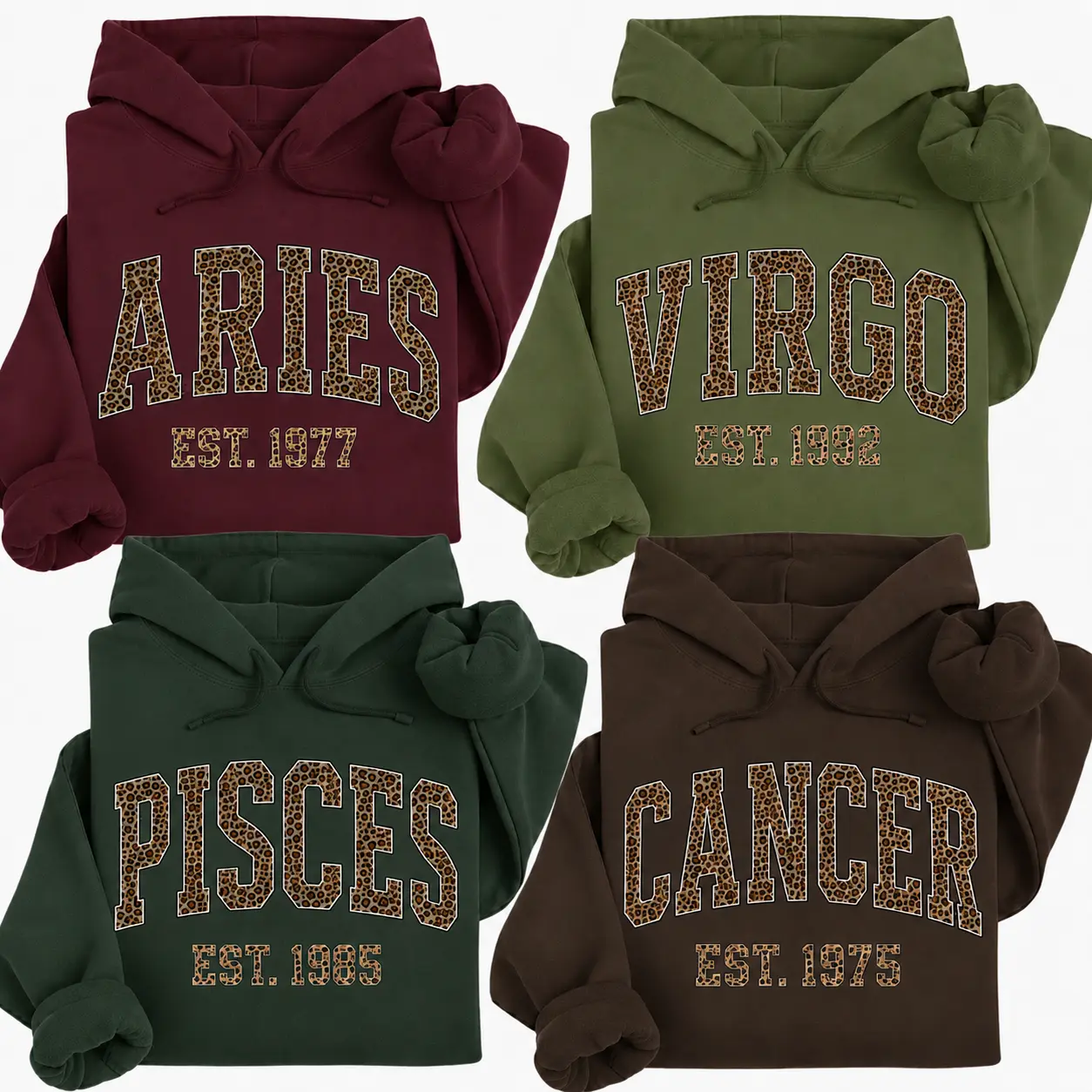 [LEAVE A NOTE: EST YEAR] FFull 12 Zodiac Leopard Print Hoodie, Aries Virgo Pisces Cancer Astrology Pullover, Optional EST Birth Year Sweatshirt, Personalized Horoscope Gift
