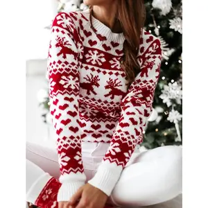 Woman's Christmas Elk Snowflake Print Sweater, Round Neck Long Sleeve Casual Thick Knitted Pullover, Daily Life and Holiday