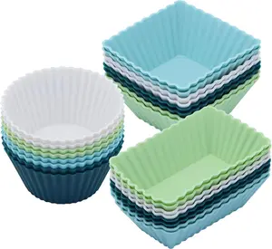 24Pack Silicone Muffin Cups, Reusable Cupcake Liners Molds for Baking, 3 Shapes Lunch Box Dividers-Round, Square, and Rectangular (Neutral Colors, Regular Size)