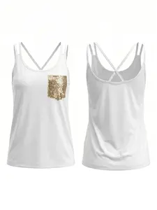 Women's Summer Sequin Pocket Back Cross Design Cami Top, Versatile Strappy Tank Top, Stylish and Trendy Fashion Piece