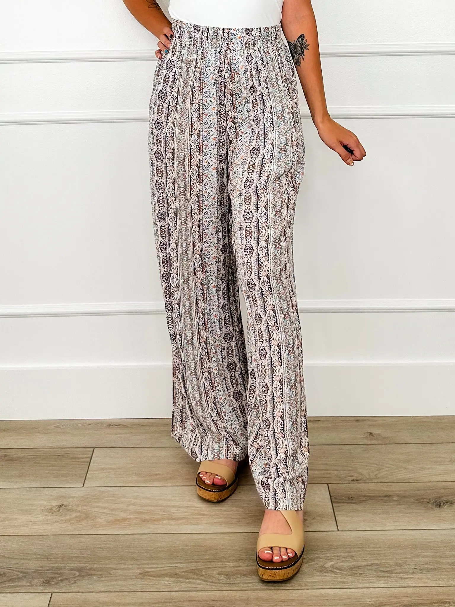 Women's High-Rise Boho Pants, Flowy Wide-Leg Style in Lightweight Rayon Fabric with an Easy Drape for Everyday Wear, Regular Sizes