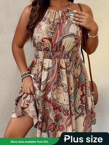 【plus size】 all over print dress, boho fashion casual sleeveless dress for daily holiday vacation wear, women plus clothing for summer