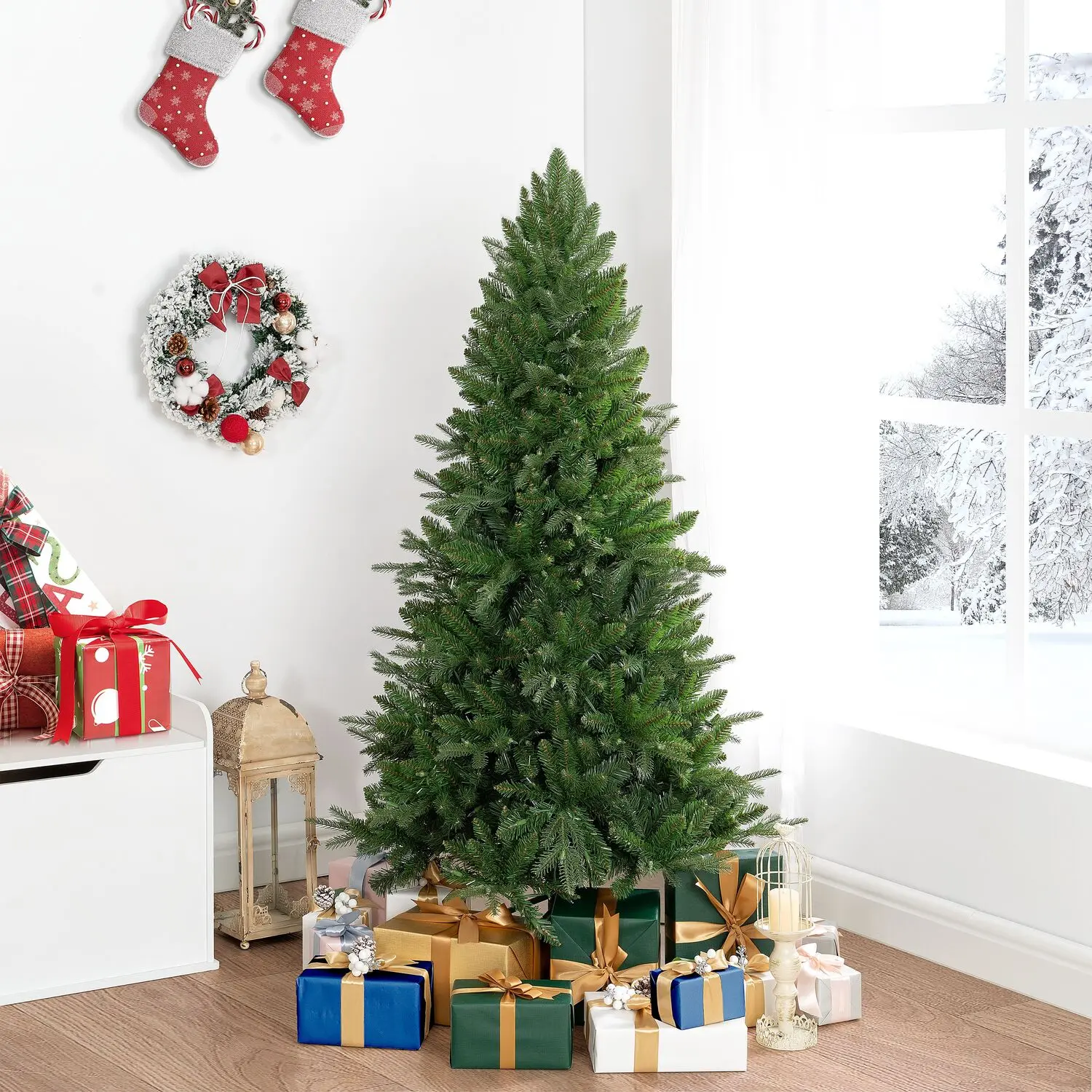 Classic Minimalist Standing Artificial Fir Christmas Tree - Lots of Branches, LED Lights, Festive Decor, Ornaments (No Extra Accessories Included)