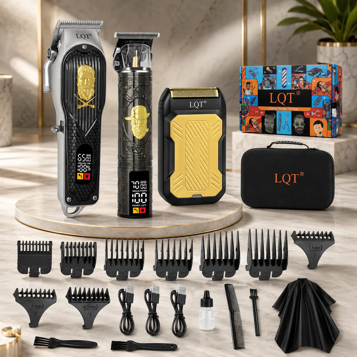 LQT Professional 3-in-1 Barber Hair Clipper Kit for Men,Black Gold Cordless Grooming Set with Hair Clipper, T-Blade Trimmer & Foil Shaver, Stainless Steel Blades, Powerful Motor, LED Display, Rechargeable Beard & Hair Cutting Tools for Home and Barber Use