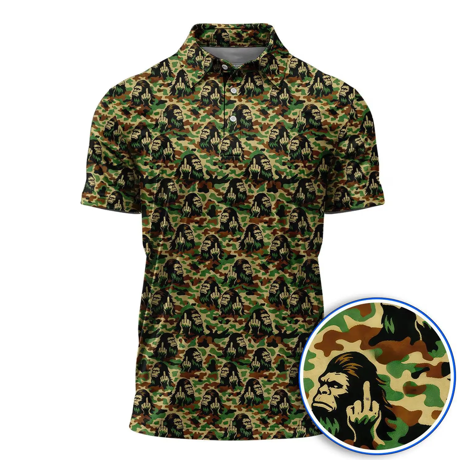 Funny Bigfoot Camo Pattern Golf Polos Sasquatch Golf Shirt For Golfer Crazy Golf Shirts For Men Gift