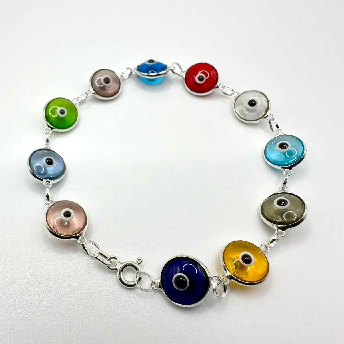 925 Sterling Silver Evil Eye Bracelet for Women - 7.5" Multicolor Beads  & Spring Ring Clasp, Vibrant Accessory for Protection and Positivity