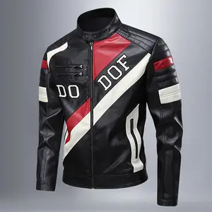 Men's Stand Collar PU Leather Color Block Letter Motorcycle Jacket, Long Sleeve Pull-On Fitted Cut, Stylish Black Casual Windbreaker, Outdoor Menswear Top